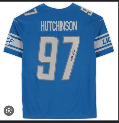 Men NFL Detroit Lions #97 Hutchinson Signed Autographed blue jerseys